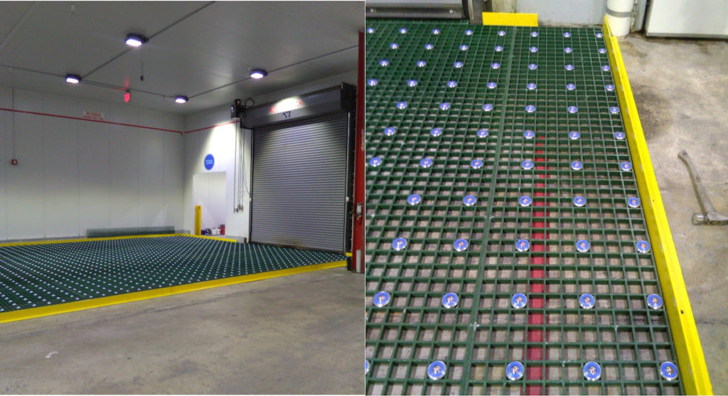 Lutco air cargo ball transfers installed in the floor of a loading bay. 