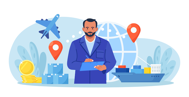 Graphic of an engineer in a blue coat assessing strategic manufacturing locations.