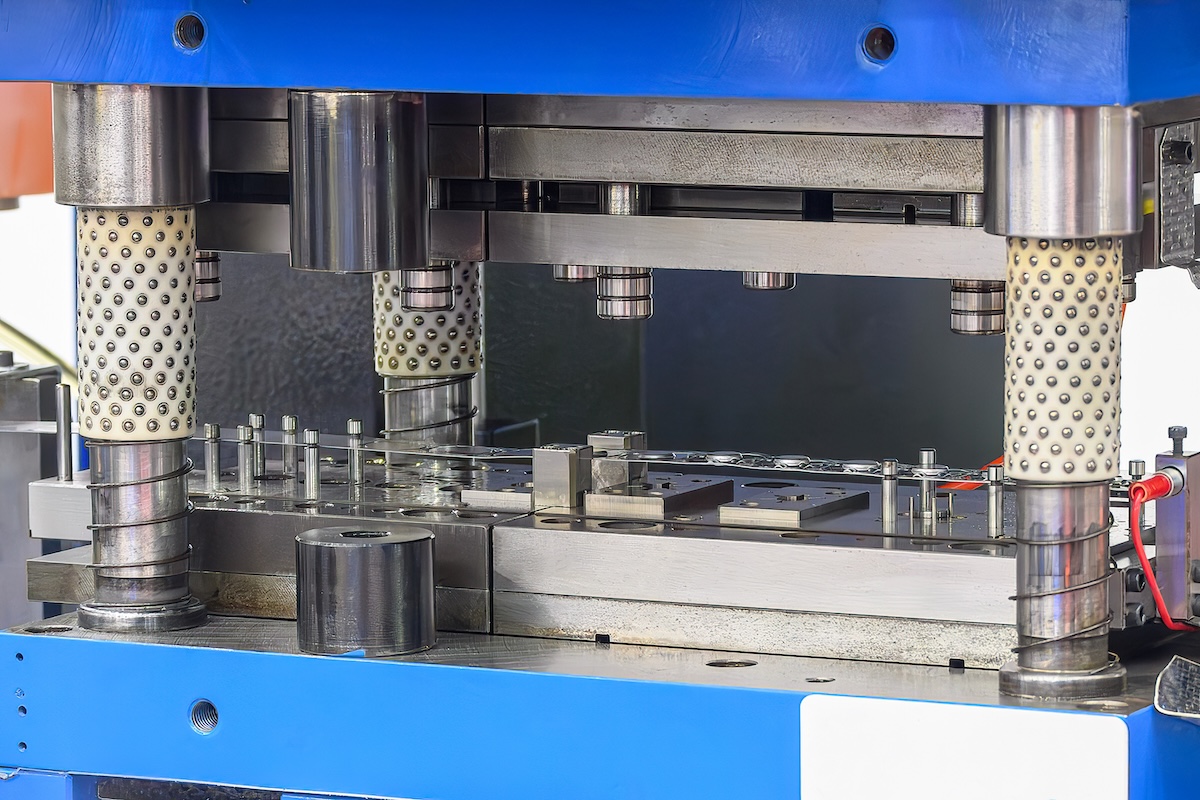 A stamping die used in progressive stamping metalforming.